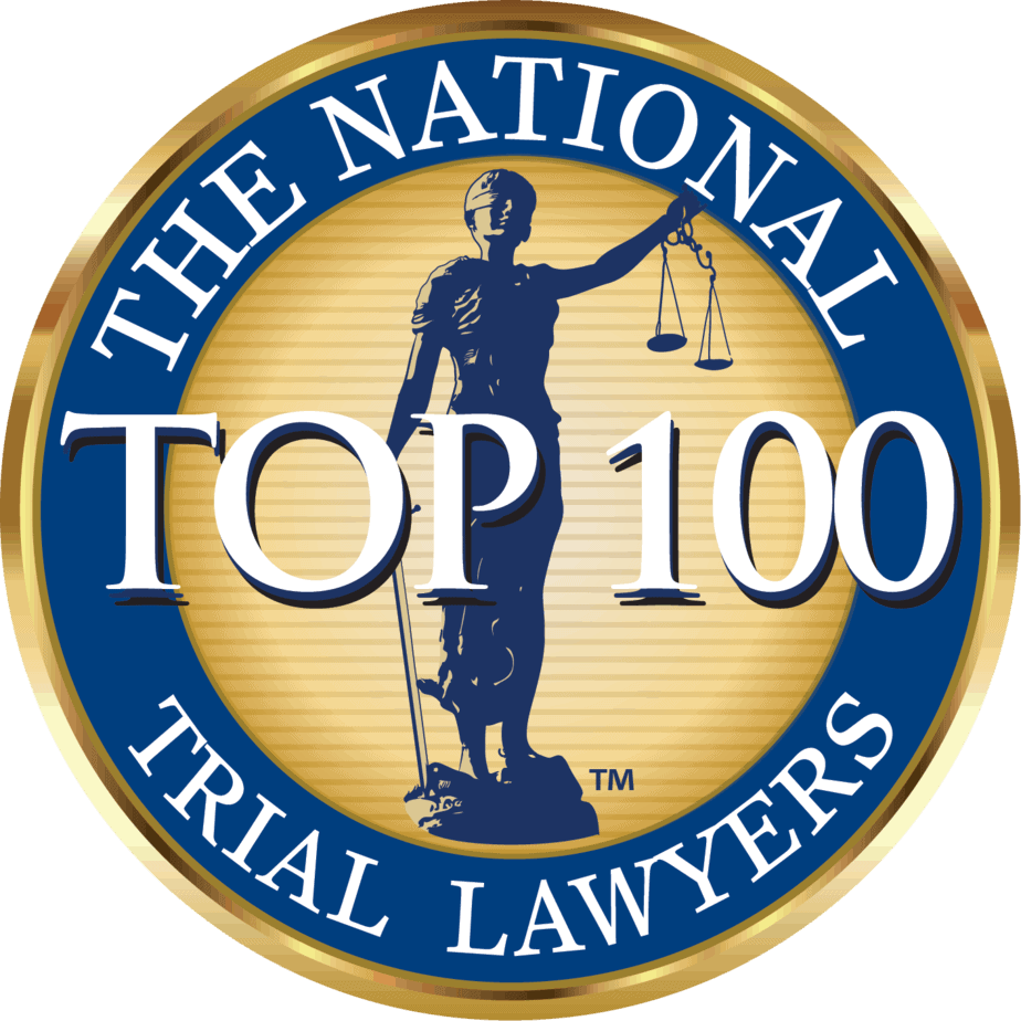The National Top 100 Trial Lawyers badge with Lady Justice symbol