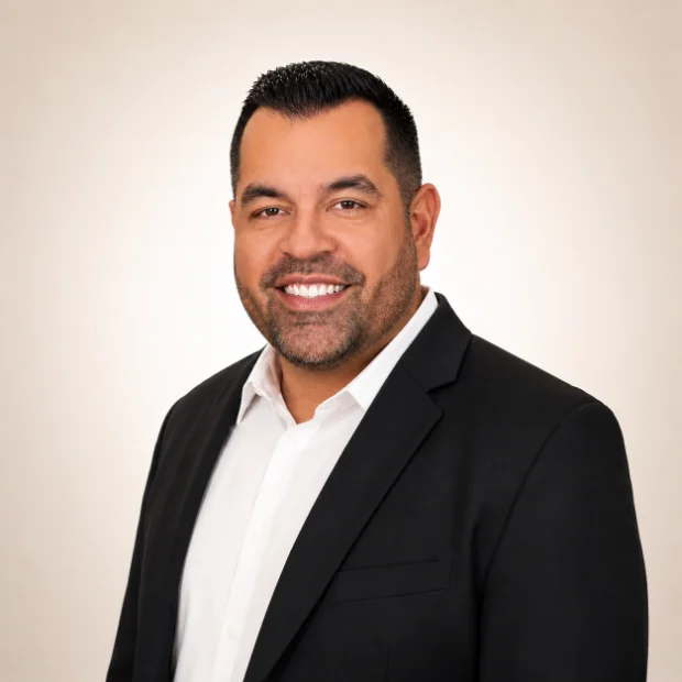 Professional man in black blazer smiling confidently