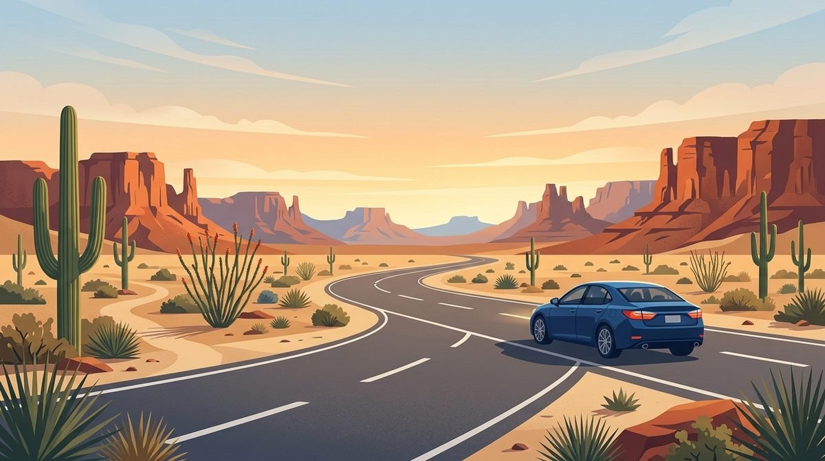 Arizona desert highway at golden hour illustrating car insurance coverage