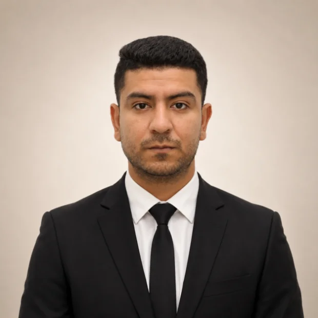 Young man in black suit and tie professional headshot