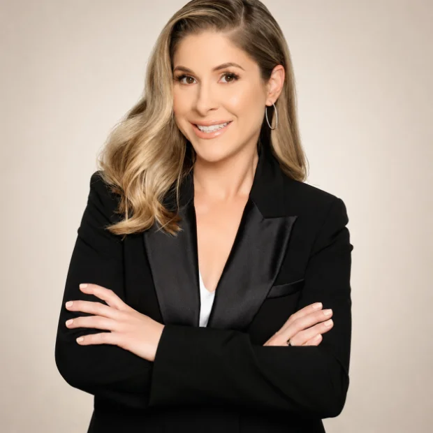 Professional woman in black blazer smiling with arms crossed