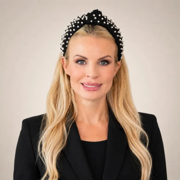Blonde woman wearing black pearl-embellished headband and blazer